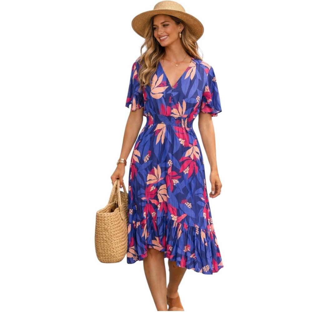 Anthropologie Abel The Label Santa Cruz Floral Midi Dress Blue Pink Boho M - Picture 2 of 10